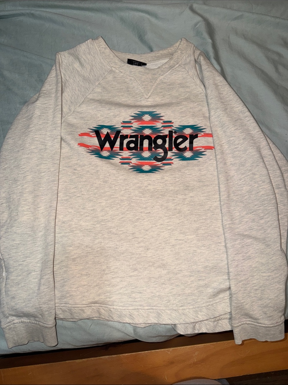 Wrangler Light Gray Crewneck Sweatshirt with Teal and Coral Aztec Graphic